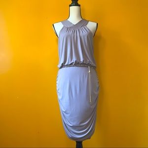 Thalia, sz L, taupe colored drape dress with gold/taupe chain belt